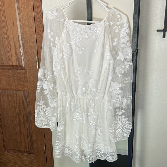 Celebrating Forever White Sequin Long Sleeve Romper - Picture 3 of 4
